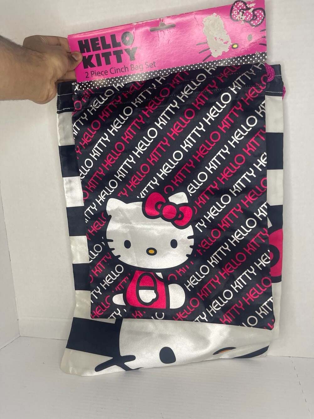 Y2K 2012 Hello Kitty 2 Piece Cinch Bag Set Drawstring Backpacks Striped